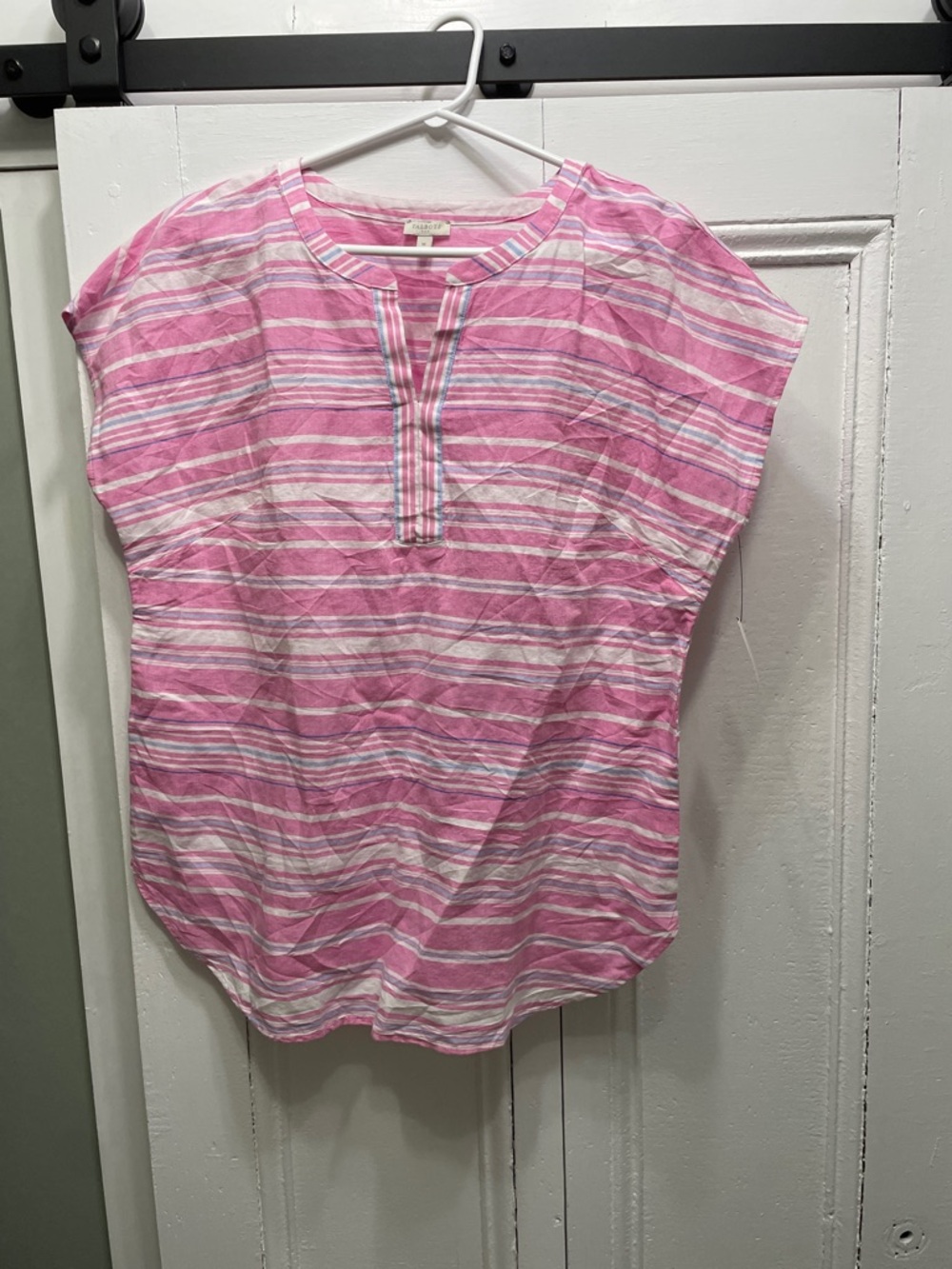 Talbots Linen Blouse Pink and White Striped Short-Sleeve size Medium
